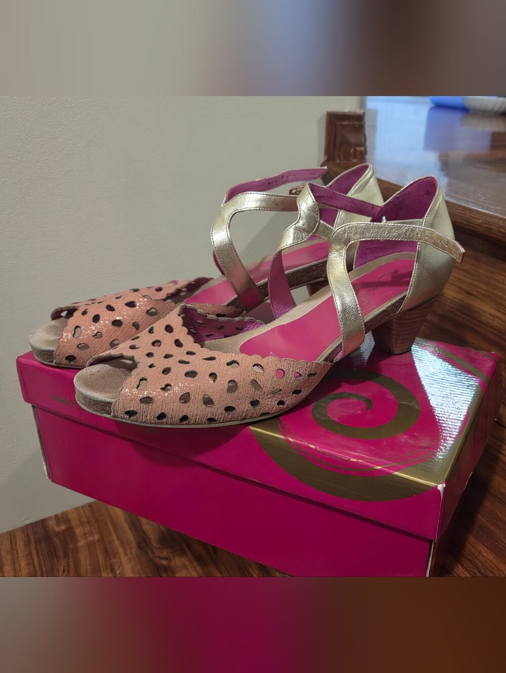 Gold Strappy Heels with Blush Pink Perforated Toe
